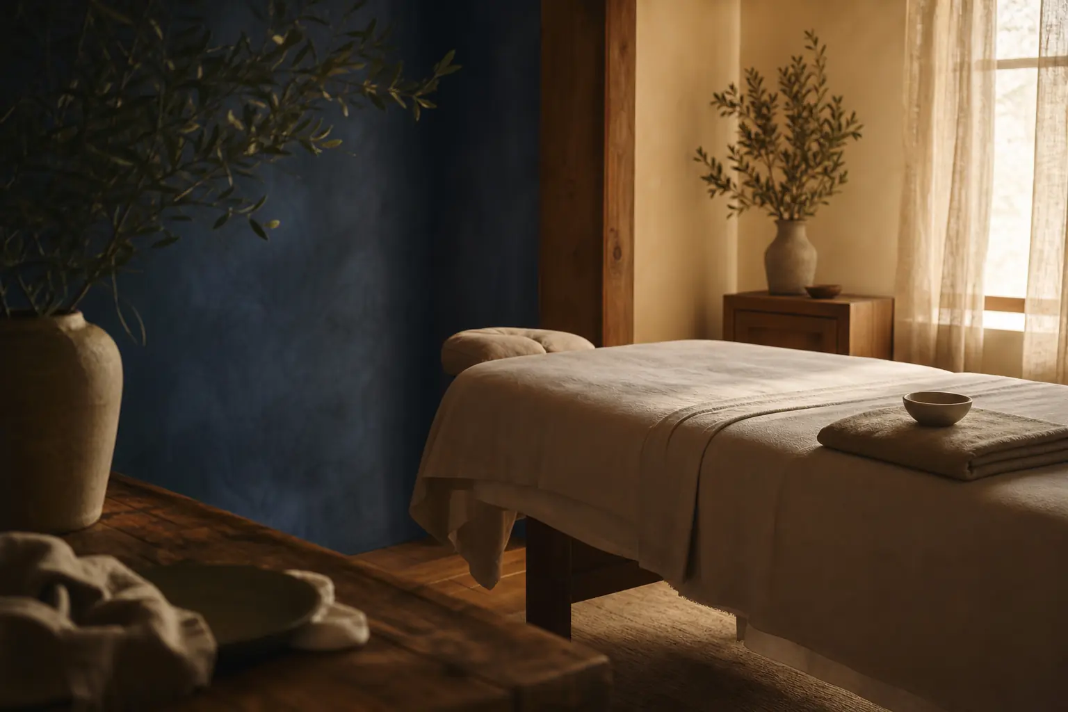 Warm, serene therapeutic massage treatment room